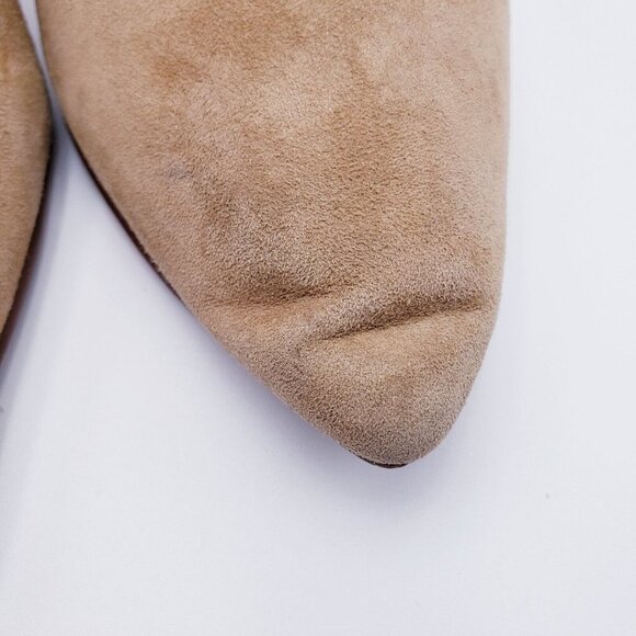 Brian Atwood Kallie Ankle Boot Tan Suede Decorative Heel Womens Size 6 Side Zip - Picture 12 of 14